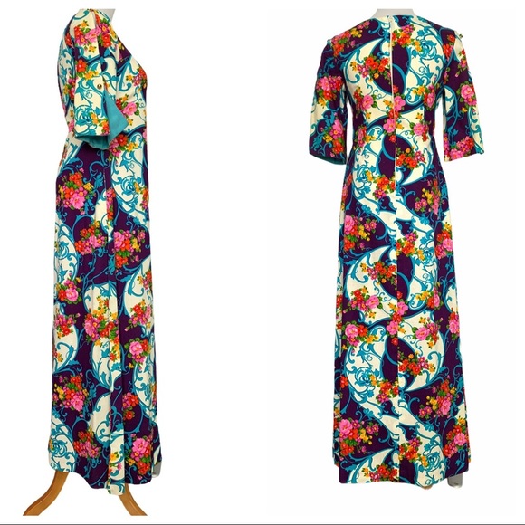 Vintage 60s Hawaiian Floral Barkcloth Maxi Dress - Picture 2 of 15